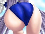  1girl ass ass_focus blue_swimsuit close-up commentary_request fate/grand_order fate_(series) highres hip_focus kilroylw leg_up long_hair meltryllis meltryllis_(swimsuit_lancer)_(fate) purple_eyes sky solo swimsuit thighs trefoil very_long_hair 