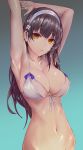  1girl absurdres armpits arms_behind_head arms_up bangs bare_shoulders bikini black_hair blunt_bangs breasts cleavage collarbone commentary_request flower franz_(217franz) front-tie_bikini front-tie_top girls_frontline groin hairband highres large_breasts long_hair looking_at_viewer navel qbz-95_(girls_frontline) solo stomach swimsuit white_bikini white_hairband yellow_eyes 