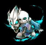  1boy black_background blue_fire fire gasterblaster glowing glowing_eye highres male_focus rio_717 sans skeleton solo squatting super_smash_bros. undertale 