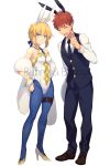  1boy 1girl ahoge animal_ears artoria_pendragon_(all) artoria_pendragon_(swimsuit_ruler)_(fate) artoria_pendragon_(swimsuit_ruler)_(fate)_(cosplay) bare_shoulders black_neckwear blonde_hair blue_neckwear blue_ribbon blush braid breasts bunny_ears bunnysuit buttons cis05 closed_eyes closed_mouth commentary_request cosplay emiya_shirou eyebrows_visible_through_hair fate/grand_order fate/stay_night fate_(series) french_braid green_eyes hair_between_eyes hair_ornament hair_ribbon necktie open_mouth red_hair ribbon saber shirt short_hair simple_background small_breasts smile teeth waiter white_background white_shirt 