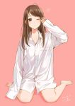  1girl absurdres barefoot bottomless brown_eyes brown_hair dated dress_shirt highres looking_at_viewer messy_hair naked_shirt one_eye_closed original oversized_clothes pink_background rubbing_eyes sako_(35s_00) shirt signature simple_background sitting sleepy sleeves_past_fingers sleeves_past_wrists solo wariza white_shirt 
