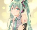  blush cropped green_eyes green_hair hatsune_miku headphones long_hair tattoo tie tokkyu_(user_mwwe3558) twintails vocaloid 