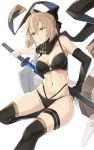  1girl ahoge bare_shoulders bikini black_bikini black_gloves black_legwear black_scarf breasts brown_eyes brown_hair cleavage closed_mouth commentary_request fate/grand_order fate_(series) gloves groin highleg highleg_bikini highres holding holding_sword holding_weapon katana large_breasts looking_away monyu_(monyupop) navel okita_souji_(fate)_(all) okita_souji_(swimsuit_assassin)_(fate) scarf short_hair single_glove solo swimsuit sword thigh_strap thighhighs v-shaped_eyebrows weapon white_background 