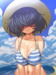  1girl bikini blue_stripes breasts dark_blue_hair hair_over_eyes hat highres huge_breasts navel original solo straw_hat sun_hat sweat swimsuit tsuna_(al_dente) 