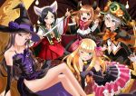  5girls alternate_costume ange_(princess_principal) animal_ears bangs beatrice_(princess_principal) black_dress black_gloves black_hair black_headwear black_skirt blonde_hair blue_eyes blunt_bangs bow brown_eyes brown_hair crescent crossed_legs dorothy_(princess_principal) double_bun dress elbow_gloves fake_animal_ears fake_horns flower gloves green_headwear grey_eyes grey_hair hair_bow halloween hat hat_flower japanese_clothes long_hair long_sleeves looking_at_viewer miko multiple_girls neck_bell one_eye_closed open_mouth orange_bow paw_pose pink_bow pink_skirt princess_(princess_principal) princess_principal purple_eyes short_hair skirt smile taniguchi_gou tongue tongue_out toudou_chise wide_sleeves witch_hat 