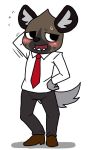  2019 aggressive_retsuko anthro blush bodily_fluids clothed clothing enigi09 fur haida hyaenid male mammal on_model open_mouth sanrio simple_background solo spotted_hyena standing sweat sweatdrop white_background 
