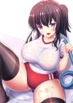  1girl black_hair bloomers blush breasts curvy gym_shirt gym_uniform highres hose huge_breasts long_hair looking_at_viewer open_mouth original plump ponytail purple_eyes see-through shiny shiny_hair shiny_skin shirt shorts side_ponytail sitting thick_thighs thighhighs thighs tied_hair traditional_media underwear uniform water watercolor_pencil_(medium) wet wet_clothes zha_yu_bu_dong_hua 