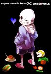  1boy fire_flower food from_behind hands_in_pockets highres hot_dog one_eye_closed pasta piranha_plant rio_717 sans shorts skeleton slippers solo spaghetti super_smash_bros. undertale 