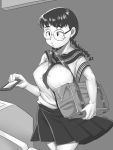  1girl bag bangs braid breasts glasses greyscale highres jimiko large_breasts long_hair monochrome neckerchief o3o original pleated_skirt sailor_collar school_uniform serafuku skirt solo tsuna_(al_dente) twin_braids 