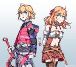  1boy 1girl ahoge bangs blonde_hair blue_eyes blush breasts fiorun gloves graysheartart green_eyes jacket jewelry long_hair looking_at_viewer monado open_mouth short_hair shulk simple_background smile solo sword thighhighs weapon xenoblade_(series) xenoblade_1 