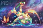  2016 abstract_background ambiguous_gender digital_media_(artwork) dragon english_text feral flygon group japanese_text jirachi kuranaga15 legendary_pok&eacute;mon looking_at_viewer looking_back nintendo open_mouth pok&eacute;mon pok&eacute;mon_(species) scalie sitting smile space spacescape standing star text translucent video_games water wings 