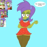  1:1 2019 absurd_res amphibian anthro beaked_toad bottomwear breasts cane_toad clothed clothing dialogue digital_media_(artwork) english_text female frog green_skin hair hi_res legwear lips looking_at_viewer nickelodeon non-mammal_breasts open_mouth pearl_necklace peebae purple_hair rachel_bighead rocko&#039;s_modern_life simple_background smile solo text thigh_highs toad_(frog) topwear true_toad 