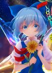  1girl bangs blue_eyes blue_hair bow cirno flower hair_bow highres looking_at_viewer short_hair sky smile solanikieru solo star_(sky) starry_sky sunflower touhou upper_body 