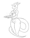  2019 anthro breasts clothing costume digital_media_(artwork) dragon english_text female food free_art headgear headwear hi_res humor jakethegoat legwear lindy looking_at_viewer name_tag parody pizza pizza_hut scalie simple_background sketch smile solo text thick_thighs uniform 