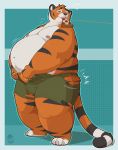  anthro belly belly_jiggle big_belly blush bodily_fluids claws clothed clothing eating english_text felid flying_sweatdrops food fur hi_res male mammal moobs navel nipples orange_fur overweight overweight_male pantherine pizza solo standing striped_fur stripes sweat sweatdrop text thick_thighs tiger toe_claws topless torn_clothing white_fur yuniwolfsky 