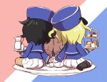  3girls andou_(girls_und_panzer) bc_freedom_military_uniform black_hair blonde_hair blue_headwear blue_jacket cake chaki_(teasets) cup dark_skin entangled flag_background food french_flag girls_und_panzer high_collar holding_hands jacket kepi long_hair long_sleeves marie_(girls_und_panzer) medium_hair multiple_girls oshida_(girls_und_panzer) pleated_skirt skirt teacup teapot thighs tray white_skirt yuri 