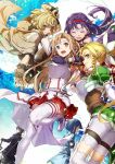  4girls abec animal_ears argo_the_rat armor asuna_(sao) blonde_hair brown_hair highres kirito leafa long_hair looking_at_viewer mouse_ears multiple_girls purple_hair sachi_(sao) short_hair sword_art_online white_legwear yuuki_(sao) 