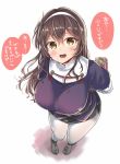  1girl arms_behind_back ashigara_(kantai_collection) blush breasts brown_hair curvy elbow_gloves fang gloves hairband kantai_collection kirekawa_(lovelyplace) large_breasts long_hair looking_at_viewer open_mouth pantyhose plump skirt thick_thighs thighhighs thighs uniform valentine white_legwear yellow_eyes 