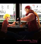  2boys alcohol backwards_hat baseball_cap beer blonde_hair blue_eyes cake child fatal_fury father_and_son fingerless_gloves food gloves hamburger hat highres jacket long_hair male_focus multiple_boys ponytail rock_howard tentenkingyo terry_bogard 