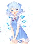  1girl :d bangs blue_dress blue_eyes blue_hair blush cirno commentary_request confetti contrapposto cowboy_shot dress eyebrows_visible_through_hair hair_ribbon hands_on_own_leg hands_together looking_at_viewer nibosisuzu open_mouth pinafore_dress puffy_short_sleeves puffy_sleeves red_neckwear red_ribbon ribbon shirt short_hair short_sleeves smile solo standing touhou white_background white_shirt wings 