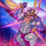  1:1 2019 abs anthro anthrofied body_hair bulge canid canine clothed clothing detailed_background front_view legendary_pok&eacute;mon looking_at_viewer male mammal melee_weapon muscular muscular_male nintendo nipples pecs pok&eacute;mon pok&eacute;mon_(species) pubes revelion solo standing sword topless video_games weapon zacian 