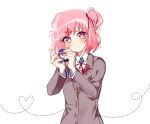  2girls :&lt; ^_^ blush chibi closed_eyes commentary doki_doki_literature_club eyebrows_visible_through_hair grey_jacket hair_ribbon heart heart-shaped_pupils heart_of_string holding jacket long_hair long_sleeves looking_at_viewer minigirl multiple_girls natsuki_(doki_doki_literature_club) outline pink_eyes pink_hair purple_hair red_ribbon ribbon savi_(byakushimc) short_hair simple_background symbol-shaped_pupils symbol_commentary two_side_up upper_body very_long_hair white_background white_outline wing_collar yuri_(doki_doki_literature_club) 