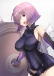  1girl absurdres armor armored_dress bare_shoulders black_dress black_leotard breasts dress elbow_gloves fate/grand_order fate_(series) fujitsubo_(hujitubo0731) gloves hair_over_one_eye highres huge_filesize large_breasts lavender_hair leotard looking_at_viewer mash_kyrielight open_mouth purple_eyes purple_gloves shield short_hair simple_background smile solo white_background 