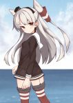  1girl absurdres amatsukaze_(kantai_collection) bangs black_hairband blue_sky blurry blurry_background blush breasts brown_dress brown_eyes closed_mouth cloud commentary_request day depth_of_field dress eyebrows_visible_through_hair garter_straps grey_hair hair_tubes hairband highres horizon ichi kantai_collection light_brown_hair long_hair looking_at_viewer looking_to_the_side ocean outdoors panties red_legwear sailor_collar sailor_dress see-through short_dress sky small_breasts smokestack_hair_ornament solo thighhighs thighs two_side_up underwear very_long_hair water white_sailor_collar windsock 