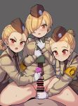  1boy 3girls armband bar_censor blonde_hair blush bottomless censored collared_shirt commentary_request condom condom_wrapper garrison_cap girls_frontline gloves hair_over_one_eye handjob hat hetero highres holding holding_condom justeeeeth long_sleeves looking_at_penis looking_at_viewer m2_mortar_(girls_frontline) military military_uniform multiple_girls necktie open_mouth penis pov red_eyes shirt short_hair uniform white_gloves 