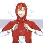  !! 1boy absurdres alternate_costume cat closed_eyes contemporary fira-adhlina fire_emblem fire_emblem:_three_houses highres hood male_focus orange_hair solo sylvain_jose_gautier teeth white_background 