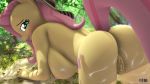  16:9 3d_(artwork) 4k absurd_res anthro anthroponiessfm bent_over big_breasts blush breasts butt digital_media_(artwork) equid equine female fingering fluttershy_(mlp) friendship_is_magic hi_res looking_at_viewer looking_back mammal masturbation my_little_pony outside pussy rear_view solo vaginal vaginal_fingering vaginal_masturbation water 