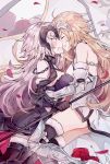  2girls ahoge armor armored_dress bangs banner blonde_hair breasts chain closed_eyes commentary fate/grand_order fate_(series) faulds flag flower fur_trim gauntlets headpiece hug jeanne_d&#039;arc_(alter)_(fate) jeanne_d&#039;arc_(fate) jeanne_d&#039;arc_(fate)_(all) kvlen large_breasts long_hair lying multiple_girls on_side open_mouth plackart rose silver_hair standard_bearer thighhighs tsurime yellow_eyes yuri 