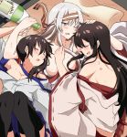  3girls absurdres akagi_(kantai_collection) alcohol blush bottle brown_hair closed_eyes drooling drunk hairband hickey highres japanese_clothes kaga_(kantai_collection) kantai_collection long_hair miiii multiple_girls open_clothes open_mouth sake_bottle shoukaku_(kantai_collection) side_ponytail sweat thighhighs waking_up white_hair 
