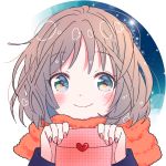  1girl bangs blush brown_hair closed_mouth commentary_request eyebrows_visible_through_hair fingernails green_eyes hands_up heart heart_in_eye hiroshi_(jasinloki) holding long_sleeves looking_at_viewer nail_polish orange_scarf original red_nails scarf smile solo symbol_in_eye 