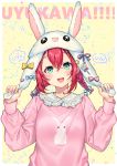  1girl :d animal_hat animal_print aqua_eyes bangs blush bow braid bunny_hat bunny_print candy food frills hair_between_eyes hair_ornament hairclip hat heart kurosawa_ruby lollipop long_sleeves looking_at_viewer love_live! love_live!_sunshine!! motion_lines moyui_(myi_005) multicolored multicolored_nails nail_polish open_mouth pink_bow pink_sweater print_sweater purple_ribbon ribbon round_teeth short_hair smile solo star sweater tareme teeth twin_braids upper_teeth w_arms white_headwear yellow_background yellow_bow 