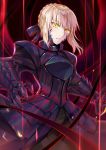  1girl absurdres armor armored_dress artoria_pendragon_(all) bangs black_armor black_ribbon blonde_hair breasts commentary_request eyebrows_visible_through_hair fate/stay_night fate_(series) gauntlets gu_li hair_between_eyes hair_ribbon highres holding holding_sword holding_weapon looking_at_viewer parted_lips ribbon saber_alter short_hair solo sword weapon yellow_eyes 