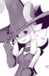  1girl bravely_default:_flying_fairy bravely_default_(series) breasts closed_mouth commentary_request curly_hair edea_lee gloves hat long_hair looking_at_viewer monochrome sho-n-d sketch smile solo witch_hat 