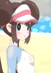  1girl :o absurdres blue_eyes blush breasts brown_hair covered_nipples double_bun from_side hair_bun highres looking_at_viewer low_twintails mei_(pokemon) meronshiroppu no_bra pokemon pokemon_masters see-through shirt solo sweat twintails upper_body visor_cap 