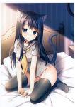  1girl absurdres animal_ear_fluff animal_ears bed between_legs black_hair black_legwear black_sailor_collar blush bottomless breasts cat_ears cat_girl cat_tail choker closed_mouth collarbone grey_shirt highres long_hair looking_at_viewer mauve medium_breasts neckerchief no_shoes on_bed original pillow purple_eyes sailor_collar sailor_shirt scan seiza shade shirt short_sleeves sitting solo table tail thighhighs 