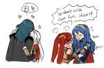  armor blue_hair blush byleth_(fire_emblem) byleth_(fire_emblem)_(female) cape dashingicecream edelgard_von_hresvelg english_text fingerless_gloves fire_emblem fire_emblem:_three_houses fire_emblem_awakening gloves hair_ornament hair_ribbon hug long_hair lucina_(fire_emblem) multiple_girls open_mouth red_hair ribbon severa_(fire_emblem) simple_background twintails uniform white_background yuri 