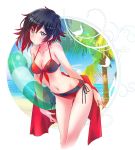  1girl bikini black_hair breasts collarbone floral_print front-tie_bikini front-tie_top gradient_hair highres iesupa innertube midriff multicolored_hair navel red_bikini red_hair rose_print ruby_rose rwby short_hair silver_eyes solo swimsuit two-tone_hair 