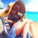  1girl :o ass bangs bare_arms bare_legs barefoot beach bikini bit_(keikou_syrup) blue_bikini blue_bow blue_eyes blush bow breasts brown_headwear cleavage cloud day deck_chair feet_out_of_frame flower flower_bracelet frilled_bikini frills front-tie_bikini front-tie_top hands_on_headwear hat hat_flower highres knees_up large_breasts long_hair looking_at_viewer lying megurine_luka ocean on_back open_mouth outdoors pink_flower pink_hair solo straw_hat sunlight sweat swimsuit tareme thighhighs towel very_long_hair vocaloid white_flower 