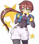  1girl aile bangs bodystocking bracelet breasts brown_hair covered_navel cowboy_shot cropped_jacket green_eyes hair_between_eyes jewelry long_hair looking_at_viewer medium_breasts ponytail puffy_short_sleeves puffy_sleeves robot_ears rockman rockman_zx rockman_zx_advent short_sleeves shorts simple_background solo tongue tongue_out tproject09 white_shorts 