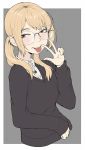  1girl blonde_hair brown_eyes collared_shirt freckles glasses grey_background highres ina_(gokihoihoi) long_sleeves looking_at_viewer low_twintails medium_hair original piercing shirt short_twintails simple_background solo tongue tongue_out tongue_piercing twintails upper_body v white_shirt 