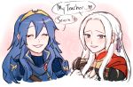  2girls blue_hair blush cape dashingicecream edelgard_von_hresvelg english_text fire_emblem fire_emblem:_three_houses fire_emblem_awakening gloves hair_ribbon long_hair lucina_(fire_emblem) multiple_girls red_cape ribbon smile tiara 