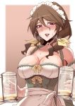  1girl :d apron bangs bare_shoulders beer_mug blush border breasts breath brown_background brown_hair cleavage collarbone commentary_request copyright_request cup detached_sleeves dirndl dress eyebrows_visible_through_hair german_clothes green_dress hair_between_eyes hair_ribbon highres holding holding_cup imasaka_hakuno large_breasts long_hair looking_at_viewer maid maid_apron maid_headdress nose_blush open_mouth outside_border puffy_short_sleeves puffy_sleeves red_eyes ribbon short_sleeves sidelocks simple_background smile solo sumiosmith sweat upper_body virtual_youtuber waist_apron white_apron white_border yellow_ribbon 