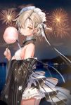  1girl aerial_fireworks azur_lane bare_shoulders blurry blurry_background bokeh braid breasts closed_mouth commentary_request cotton_candy cowboy_shot depth_of_field detached_sleeves dress fireworks food frilled_dress frills from_side hair_over_one_eye hair_ribbon highres holding holding_food kiyosato0928 long_sleeves looking_at_viewer looking_to_the_side maid_headdress night orange_eyes outdoors ribbon sheffield_(azur_lane) short_hair sidelocks silver_hair small_breasts solo standing white_dress wide_sleeves 
