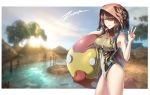  1girl ball bangs beach beachball blue_eyes body_armor bodysuit brown_hair cleavage_cutout commentary eyebrows_visible_through_hair hair_over_one_eye headgear humanization ivara_(warframe) looking_at_viewer multicolored multicolored_bodysuit multicolored_clothes outdoors shore short_hair smile solo swimsuit v warframe water zxpfer 