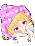  1girl :i bangs blonde_hair blush clownpiece commentary_request eringi_(rmrafrn) hair_between_eyes hand_up hat head_tilt jester_cap looking_at_viewer neck_ruff pink_headwear polka_dot polka_dot_hat red_eyes short_hair simple_background smile solo touhou white_background 