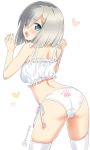 1girl ass blue_eyes bra breasts cat_lingerie frilled_bra frills from_behind hair_ornament hair_over_one_eye hairclip hamakaze_(kantai_collection) kantai_collection kujira_naoto large_breasts looking_at_viewer meme_attire open_mouth panties paw_print short_hair side-tie_panties silver_hair simple_background solo standing thighhighs twitter_username underwear underwear_only white_background white_bra white_legwear white_panties 